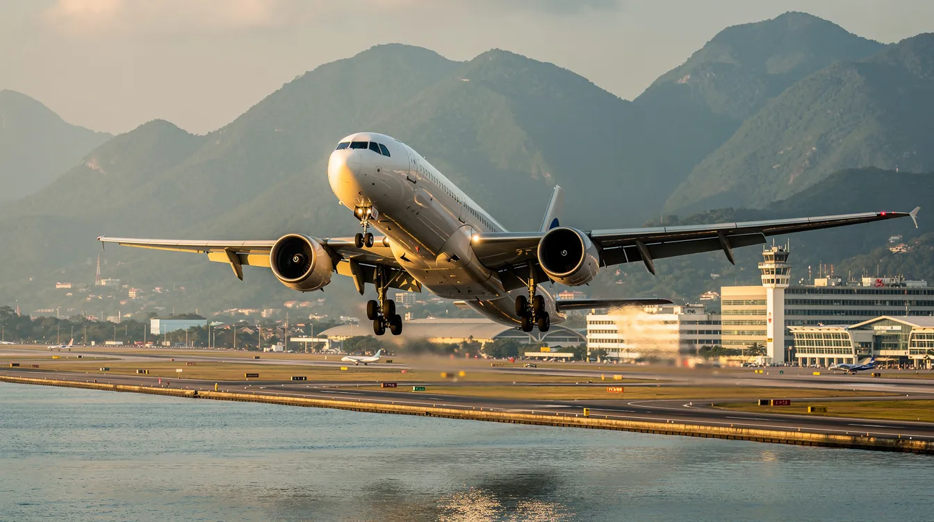 A commercial wide-body aircraft, likely a Boeing model, is seen approaching for landing at an Asian coastal airport, with stunning mountains in the background. The scene captures the aircraft's landing gear extended and the clear sky, highlighting the beauty of both the aircraft and the surrounding landscape.