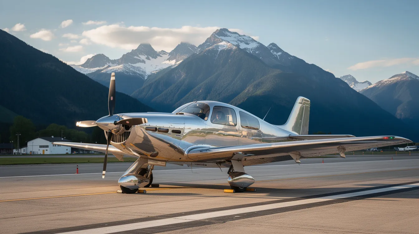 A sleek, polished single-engine piston aircraft is parked on a quiet runway, with majestic mountains rising in the background. This high-performance personal aircraft showcases an aerodynamic design and is equipped with advanced avionics, appealing to aviation enthusiasts and owner pilots alike.