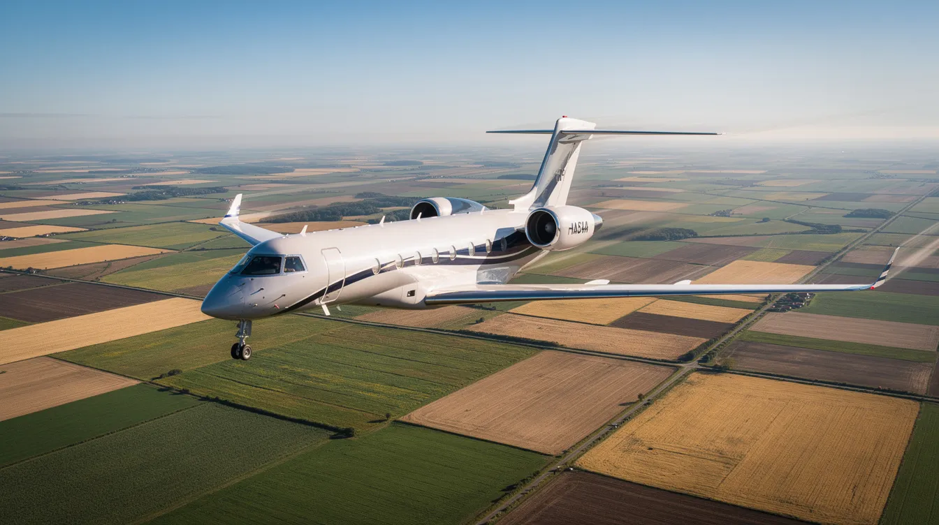An aerial view captures a fast private jet soaring over patchwork farmland, showcasing its aerodynamic design and high speed performance against a backdrop of clear blue skies. This personal aircraft, equipped with advanced avionics, exemplifies modern aviation technology and efficiency.