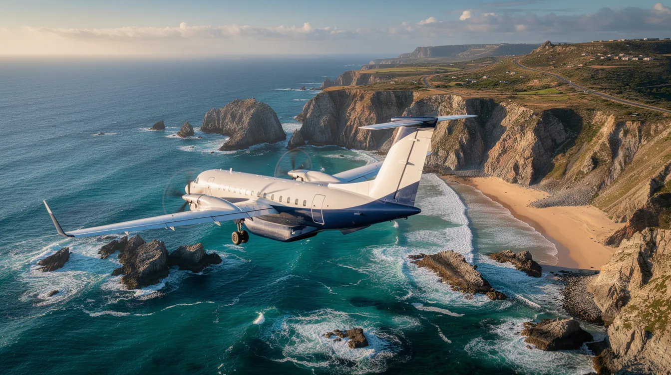 A turboprop aircraft soars through the sky above a stunning coastal landscape, showcasing its aerodynamic design against a backdrop of turquoise waters below. This high-speed aircraft exemplifies the performance and efficiency sought by aviation enthusiasts and owner pilots alike.