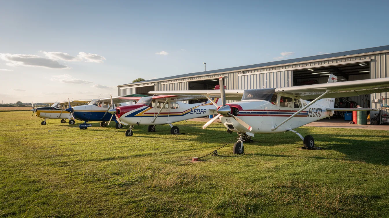 A row of several light aircraft, including models like the blackshape and sonaca, are parked on a small grass airfield, with hangars visible in the background. These two seater aircraft are a favorite among aviation enthusiasts, showcasing a variety of designs and colors, perfect for fulfilling flying needs.