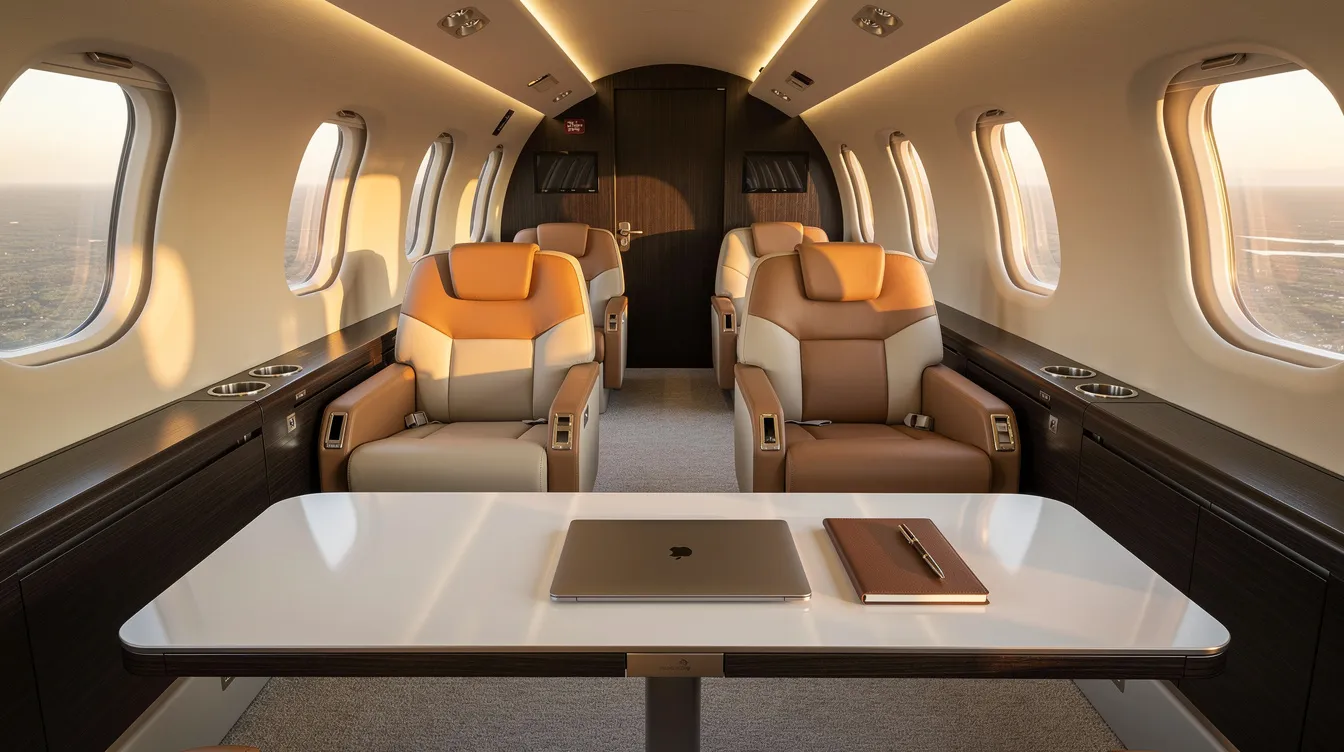 The image depicts the interior of a modern private jet cabin, featuring luxurious leather club seating and warm ambient lighting, creating an inviting atmosphere. A clean workspace surface is also visible, catering to the flying needs of passengers and aviation enthusiasts alike.