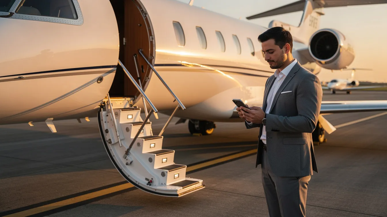 A person stands next to a private aircraft, holding a smartphone, with a boarding staircase visible, showcasing the convenience of private aviation. This image highlights the innovative services provided by companies like Sentient Jet, which offer flexible access to various jet categories for business air travel.