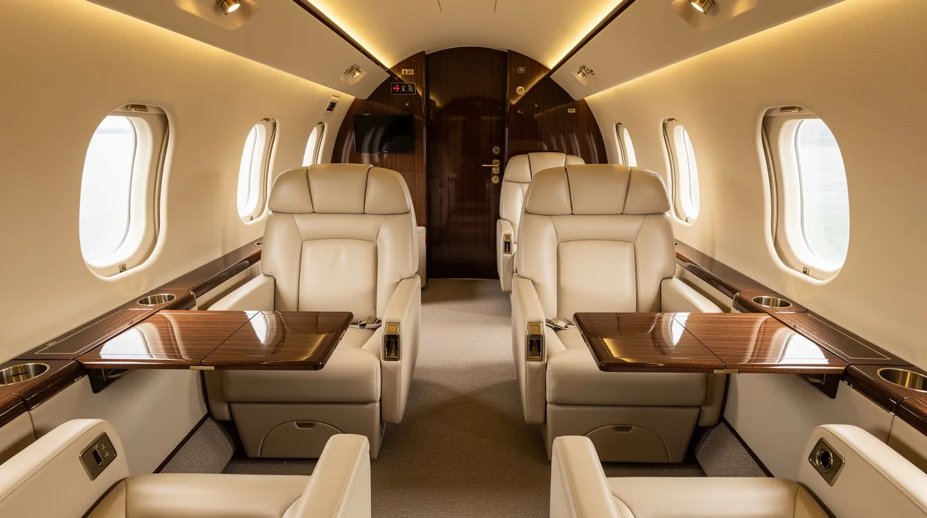 The image depicts the interior of a midsize private jet featuring cream leather seats and warm cabin lighting, creating an inviting atmosphere for business air travel. This luxurious setting reflects the outstanding service heritage associated with innovative private aviation companies like Sentient Jet, known for their unique digital booking tools and extensive network of certified operators.