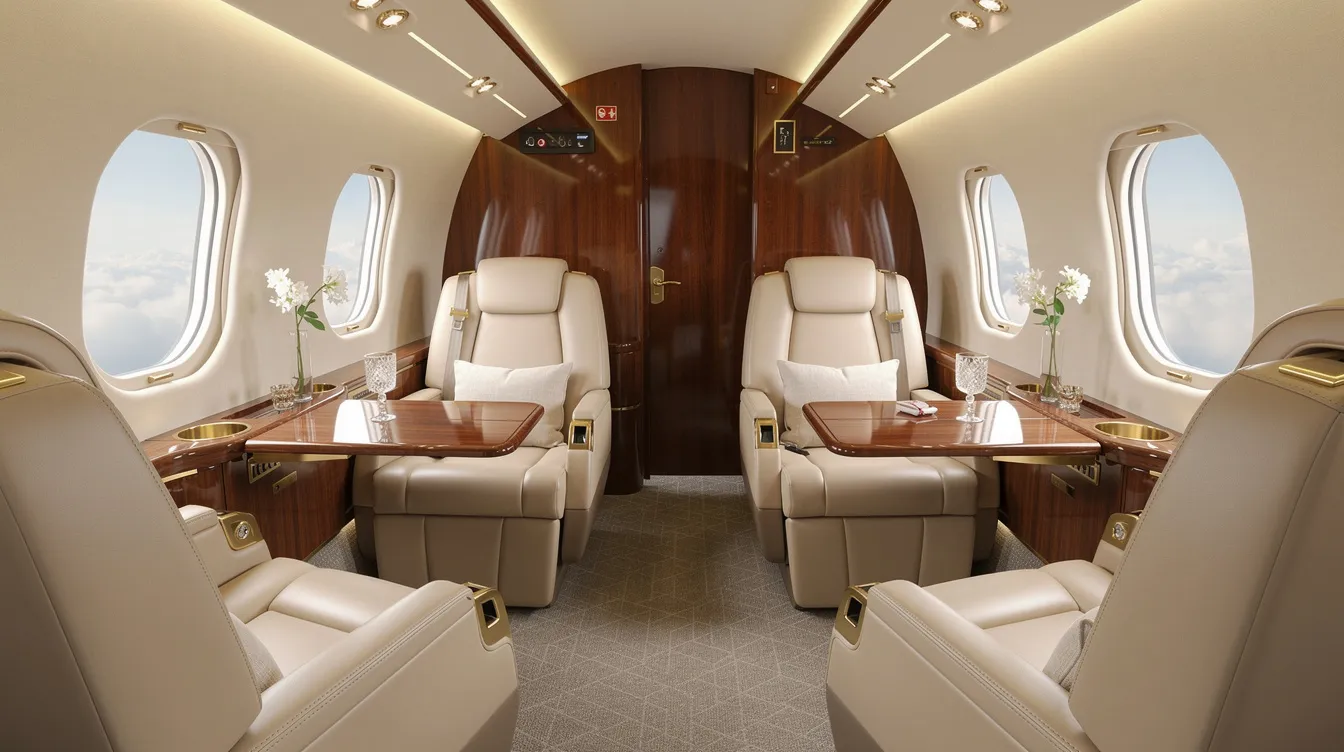 The image depicts the interior of a luxurious private jet cabin, featuring cream leather seats and polished wood accents, designed for an upscale travel experience. This elegant setting is ideal for passengers seeking personalized service and comfort, reflecting the uncompromising commitment of a global private aviation leader like NetJets.