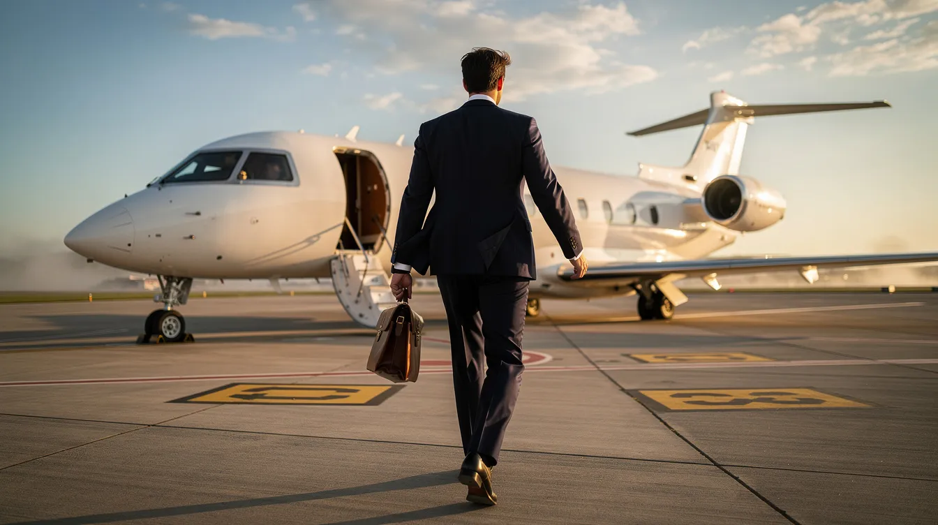 A well-dressed executive strides confidently toward a private jet on a sunlit tarmac, embodying the luxury and personalized service associated with global private aviation leaders like NetJets. The scene captures the essence of travel in style, highlighting the commitment to exceptional service and flight safety for discerning passengers.