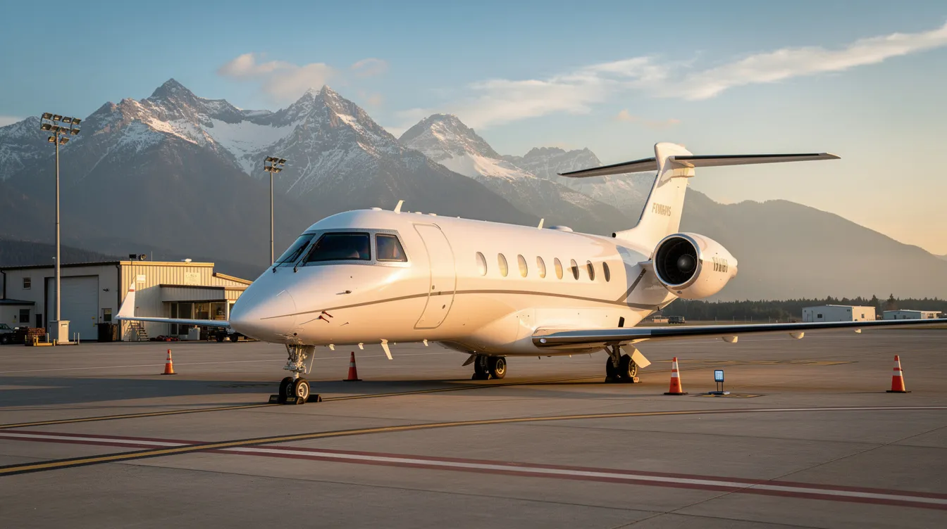 A sleek private jet is parked on the tarmac at a small regional airport, with stunning mountains visible in the background, suggesting an exclusive travel experience reminiscent of first class travel with American Airlines. The scene captures the essence of luxury and adventure in the airline industry.