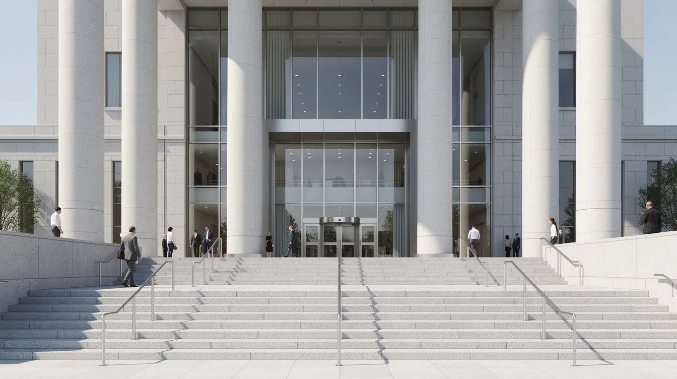 The image depicts a large, modern courthouse entrance featuring impressive stone columns and wide steps, conveying a sense of grandeur and authority. This architectural design symbolizes the importance of the legal system and the role it plays in the airline industry, particularly in cases like the American Airlines airpass program.
