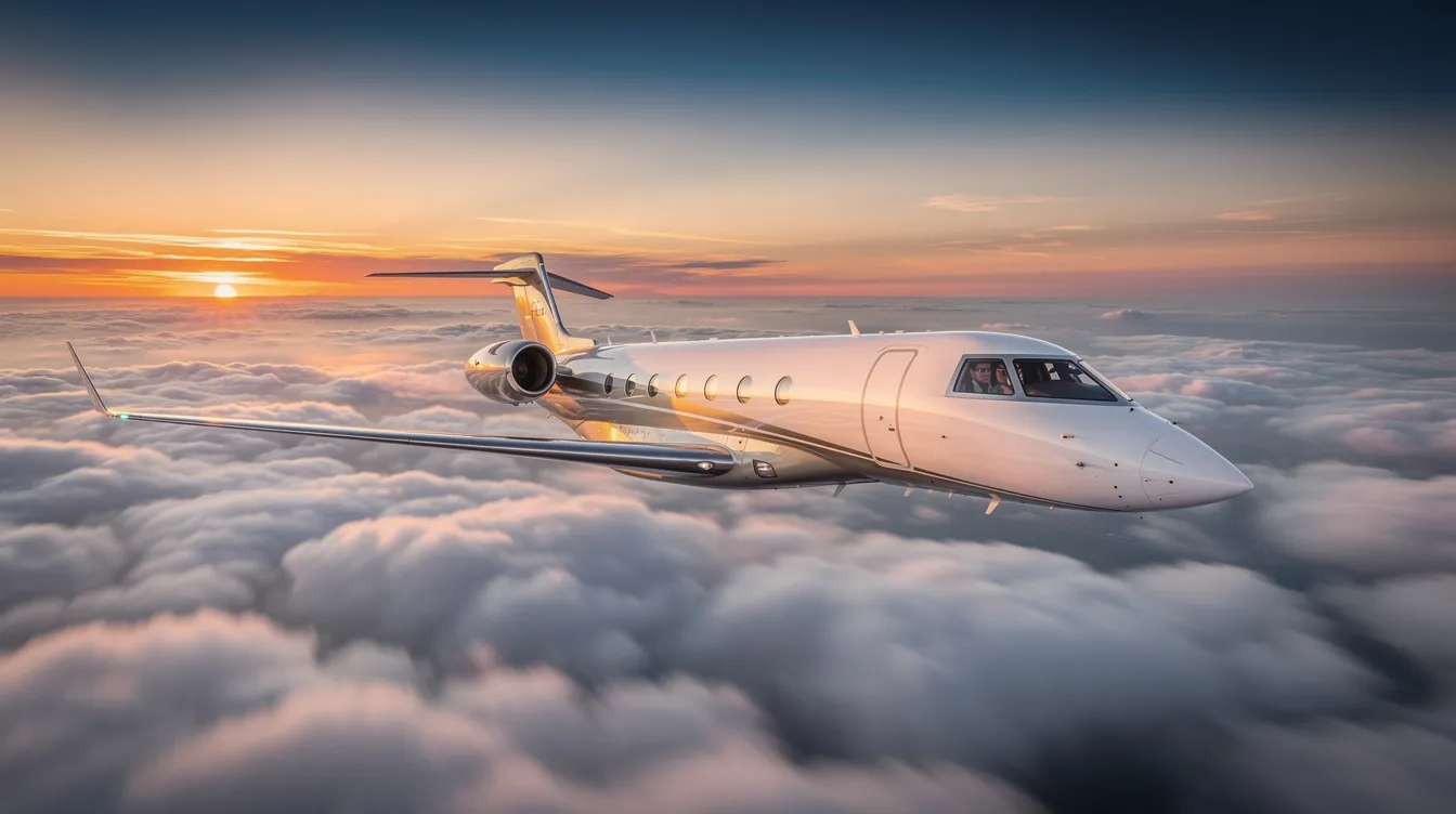 A sleek modern long-range private jet soars above fluffy white clouds, illuminated by the warm hues of a sunset in the background. This aircraft, designed for optimal fuel consumption and comfort, represents the pinnacle of luxury flying, often associated with high hourly costs and significant operating expenses in the private jet industry.