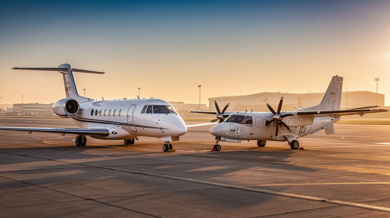 A private business jet and a small turboprop cargo aircraft are parked side by side on an airport tarmac during golden hour, showcasing the contrast between passenger aircraft and dedicated freighter aircraft. The scene highlights the compact size and efficient transportation capabilities of the small cargo plane, ideal for air freight and critical shipments.