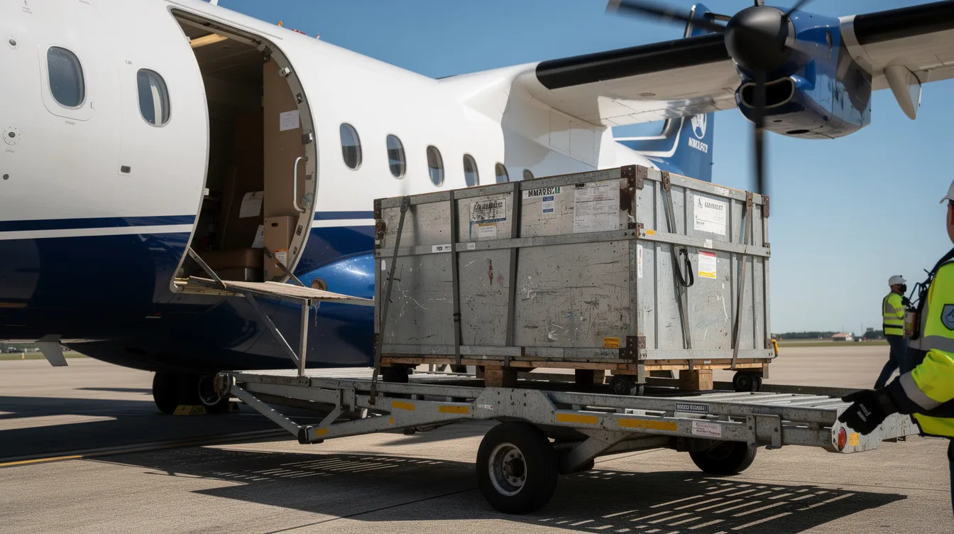 A close-up view shows cargo crates being loaded through the large side door of a small turboprop freighter on a sunny tarmac, highlighting the efficient loading process typical of dedicated freighter aircraft used for air cargo operations. The scene captures the aircraft's compact size and capability for transporting critical shipments to remote locations.