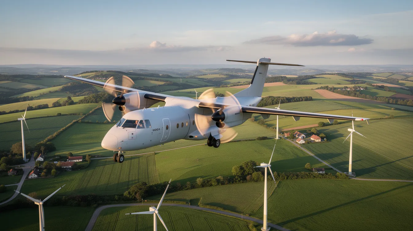 A modern turboprop cargo aircraft is soaring above a lush green countryside, with wind turbines visible below, showcasing its role in efficient air freight operations. This dedicated cargo aircraft is designed for transporting goods, making it a reliable choice for reaching remote areas and handling critical shipments.