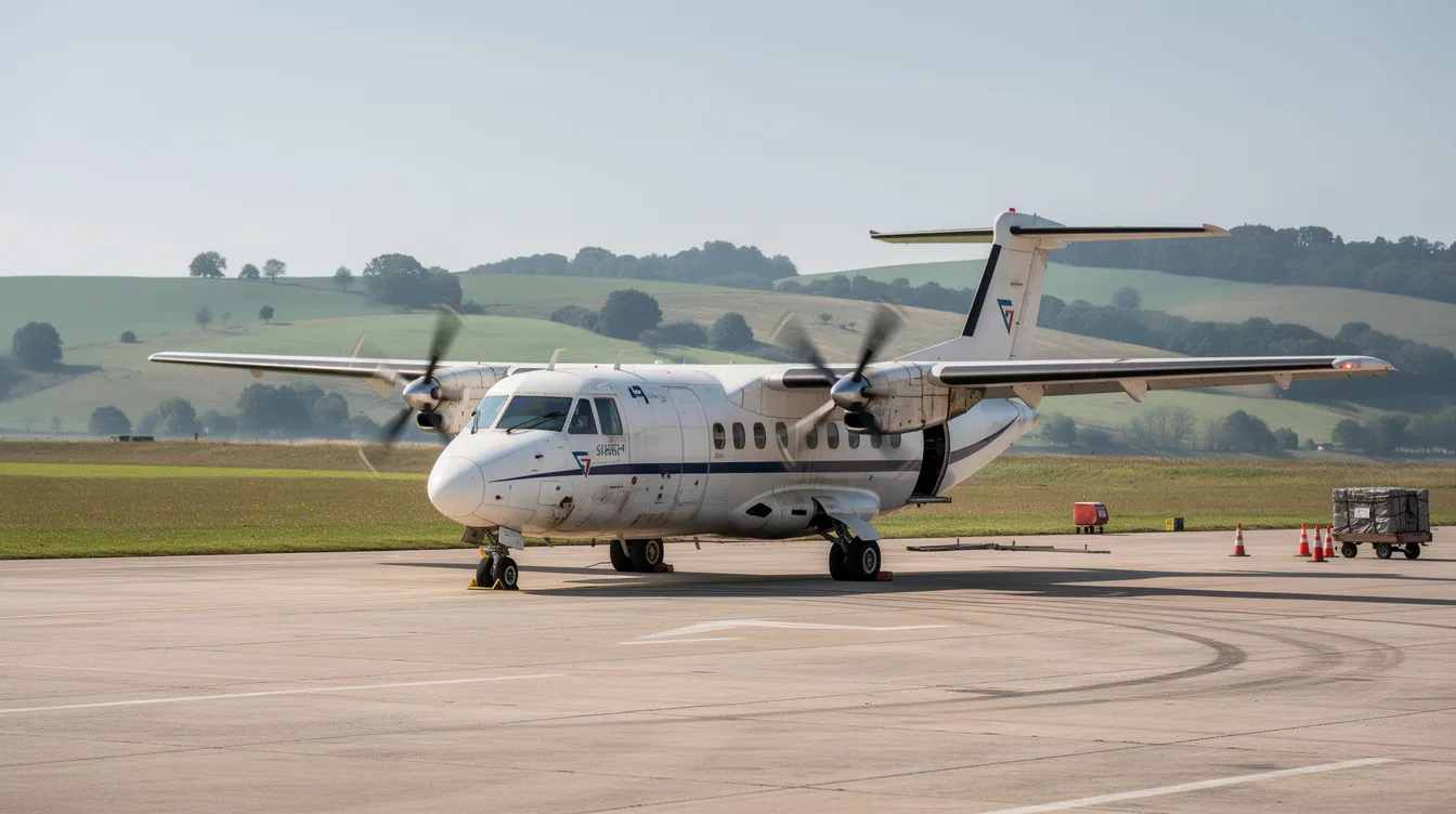 A small twin-engine turboprop cargo aircraft is parked on a regional airstrip, surrounded by rolling green hills under a clear blue sky. This dedicated cargo aircraft is designed for efficient transportation of goods, making it ideal for short-haul air freight operations.