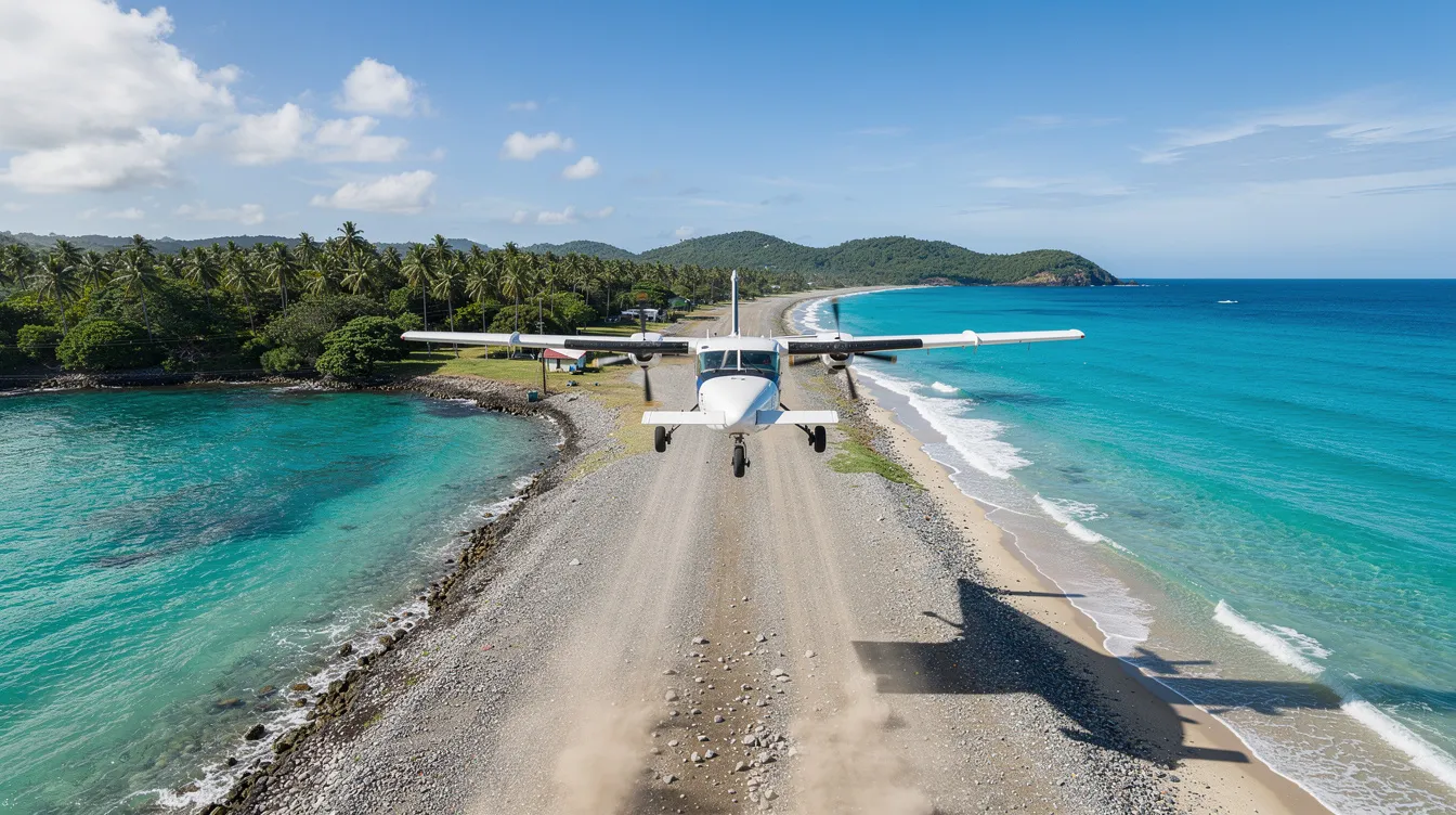 A small cargo aircraft is landing on a short gravel runway next to a turquoise ocean, with a tropical island visible in the background. This scene highlights the versatility of dedicated cargo aircraft in transporting goods to remote locations.