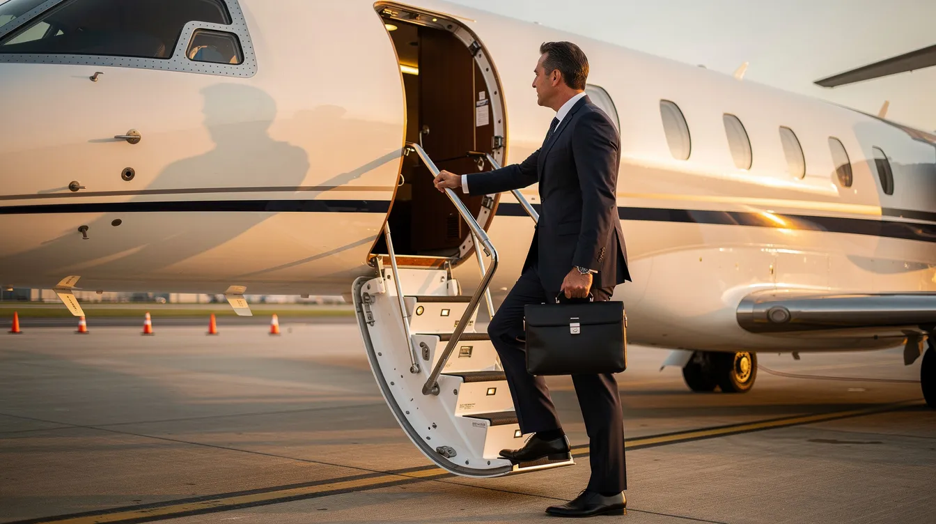An executive in a tailored business suit is stepping onto a midsize private jet via airstairs, symbolizing the luxury and efficiency of netjets aviation. This scene captures the essence of corporate travel, highlighting the convenience and exclusivity offered by companies like Marquis Jet Partners and NetJets, part of Berkshire Hathaway's aviation portfolio.