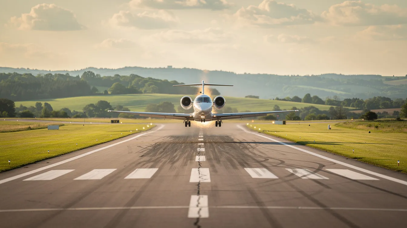 A small private jet is taking off from a regional airport runway, surrounded by lush green hills, showcasing the elegance of private aviation. This scene captures the essence of business jets, highlighting the freedom and access that comes with flying in a private jet fleet.