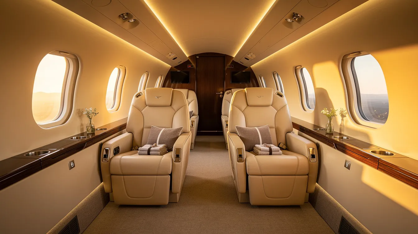 The image depicts the interior of an ultra-long-range business jet cabin, featuring luxurious lie-flat leather seats and warm ambient lighting, creating an inviting atmosphere for passengers. This elegant space exemplifies the comfort and sophistication of private aviation, ideal for those flying on a private jet fleet.