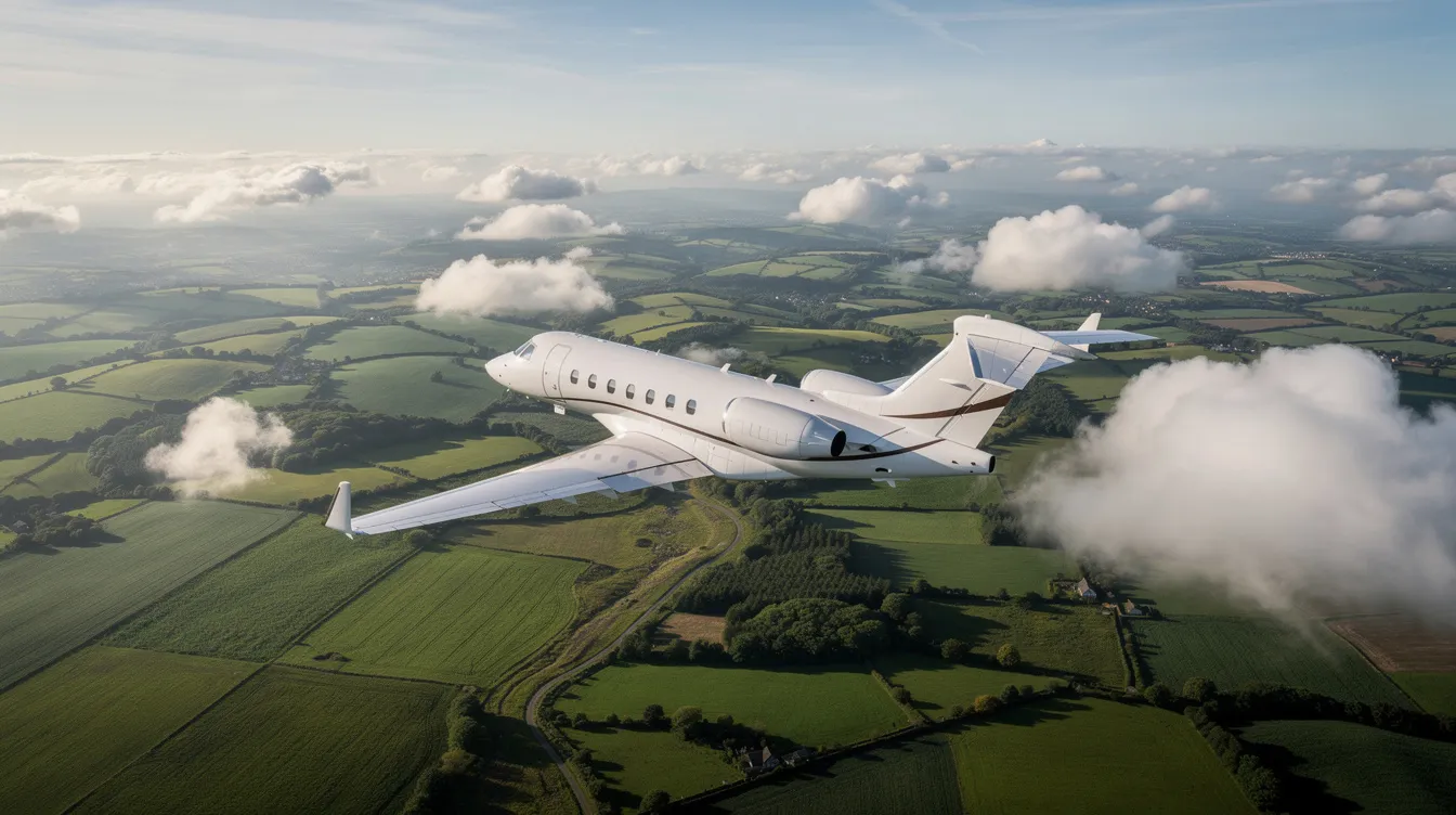 An aerial view captures a private jet soaring over lush green countryside, surrounded by scattered clouds, showcasing the beauty of private aviation. This image highlights the elegance of business jets as they navigate the skies, offering guaranteed access to destinations worldwide.
