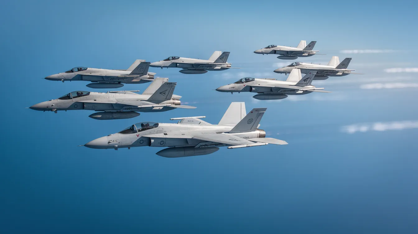 A formation of modern military fighter jets soars through a clear blue sky, showcasing their air superiority and advanced aviation technology. These powerful aircraft, designed for air-to-air combat, demonstrate the capabilities of the aviation industry and the precision of skilled pilots.