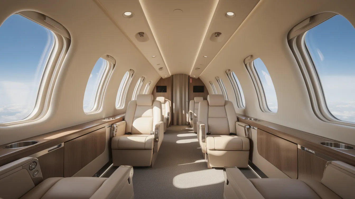 The image features a modern private jet cabin with panoramic windows, allowing sunlight to flood the spacious interior, enhancing passenger comfort and showcasing the sleek design of contemporary aviation technology. The bright atmosphere highlights the innovative use of composite materials and the focus on creating a luxurious flying experience.