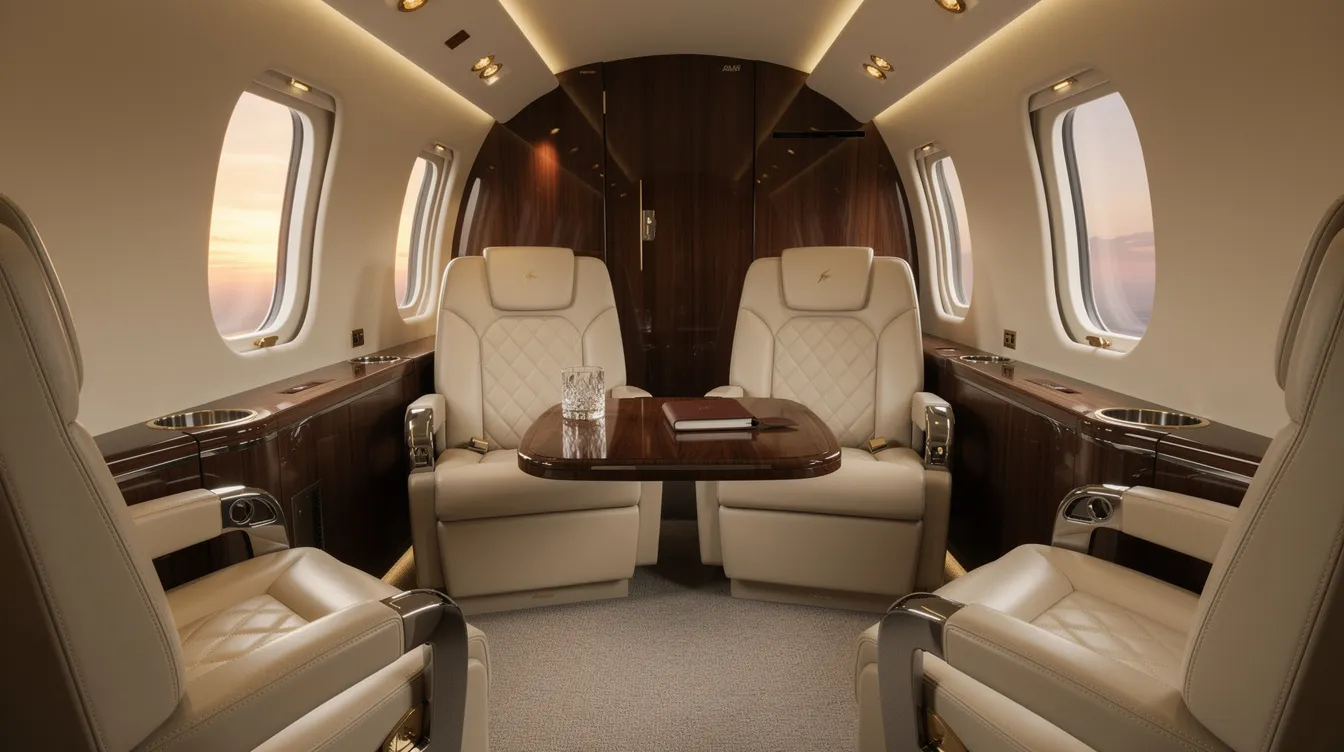 The image showcases a luxurious private jet cabin interior, featuring plush leather seats and soft ambient lighting, designed for ultimate passenger comfort. This modern aircraft exemplifies advanced aviation technology and innovation, creating an elegant atmosphere for travelers.