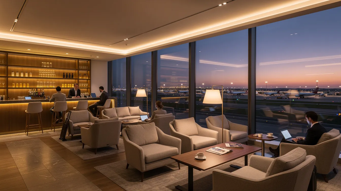 The image depicts the interior of a modern airport lounge with expansive windows providing a view of the airport tarmac at dusk, creating a warm and inviting atmosphere for first class passengers awaiting their flights. Comfortable seating and stylish decor enhance the experience for travelers flying Alaska Airlines, offering a perfect spot for relaxation before departure.