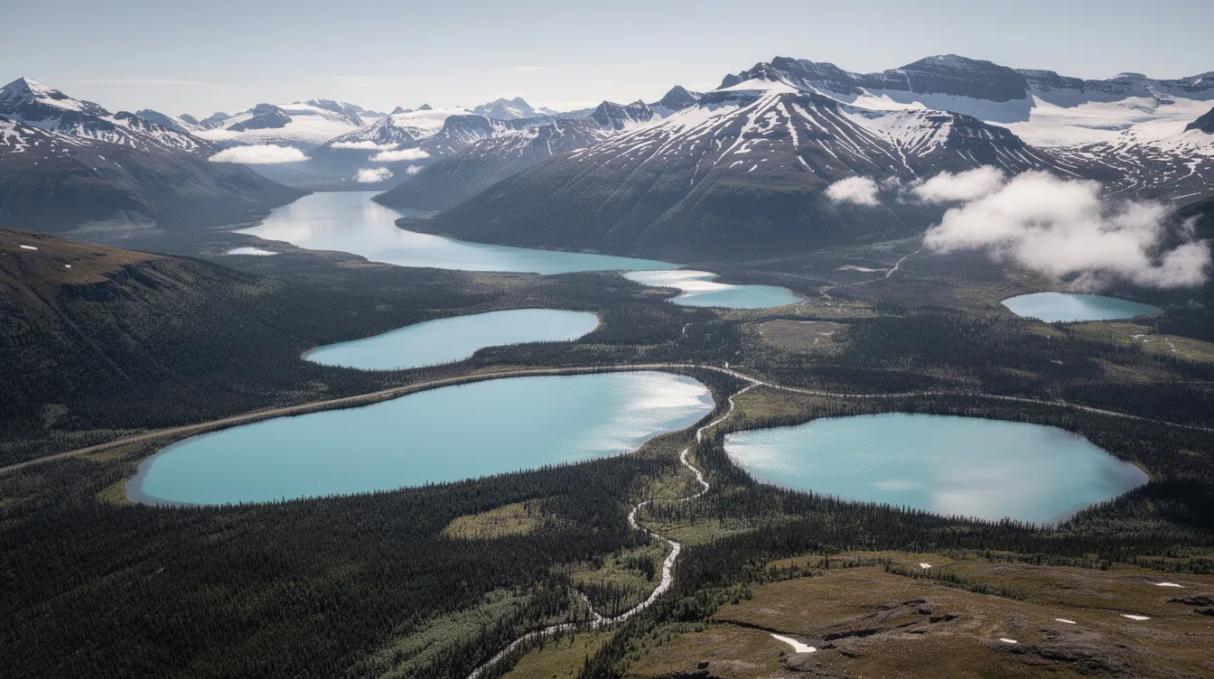 An aerial view captures the breathtaking Alaskan wilderness, showcasing turquoise glacial lakes nestled among dense forests and towering mountains. This stunning landscape embodies the natural beauty of Alaska, inviting exploration and adventure.