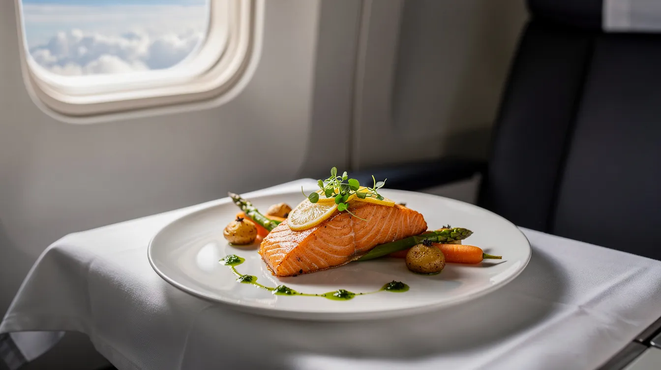 An elegantly plated salmon dish garnished with fresh herbs and served on a white plate is beautifully presented inside an Alaska Airlines first class cabin, showcasing the premium meal service enjoyed by first class passengers. The sophisticated atmosphere of the aircraft enhances the dining experience for those flying in comfort.