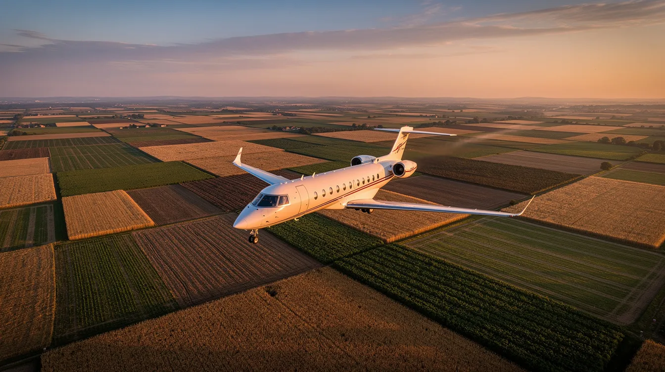 A single engine piston aircraft glides gracefully over a patchwork of farmland during golden hour, casting long shadows across the fields below. The scene captures the beauty of general aviation, showcasing the impressive fuel efficiency and aerodynamic efficiency of modern single engine planes.