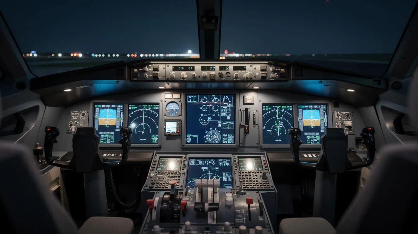 The image depicts the interior cockpit of a modern single engine piston aircraft, showcasing a glass-panel avionics suite with multiple high-resolution displays glowing in blue and green. This advanced setup features cutting-edge technology, including touchscreen controllers and synthetic vision, enhancing the flying experience for pilots in flight training or general aviation.