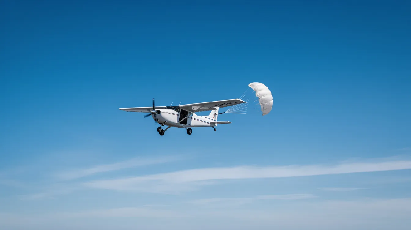 A small aircraft is seen from a distance as a parachute deploys against a clear blue sky, showcasing the safety features of modern aviation, such as the cirrus airframe parachute system designed for personal aircraft. The scene highlights the importance of safety and reliability in personal aviation, emphasizing the enhanced flying experience for pilots and passengers alike.