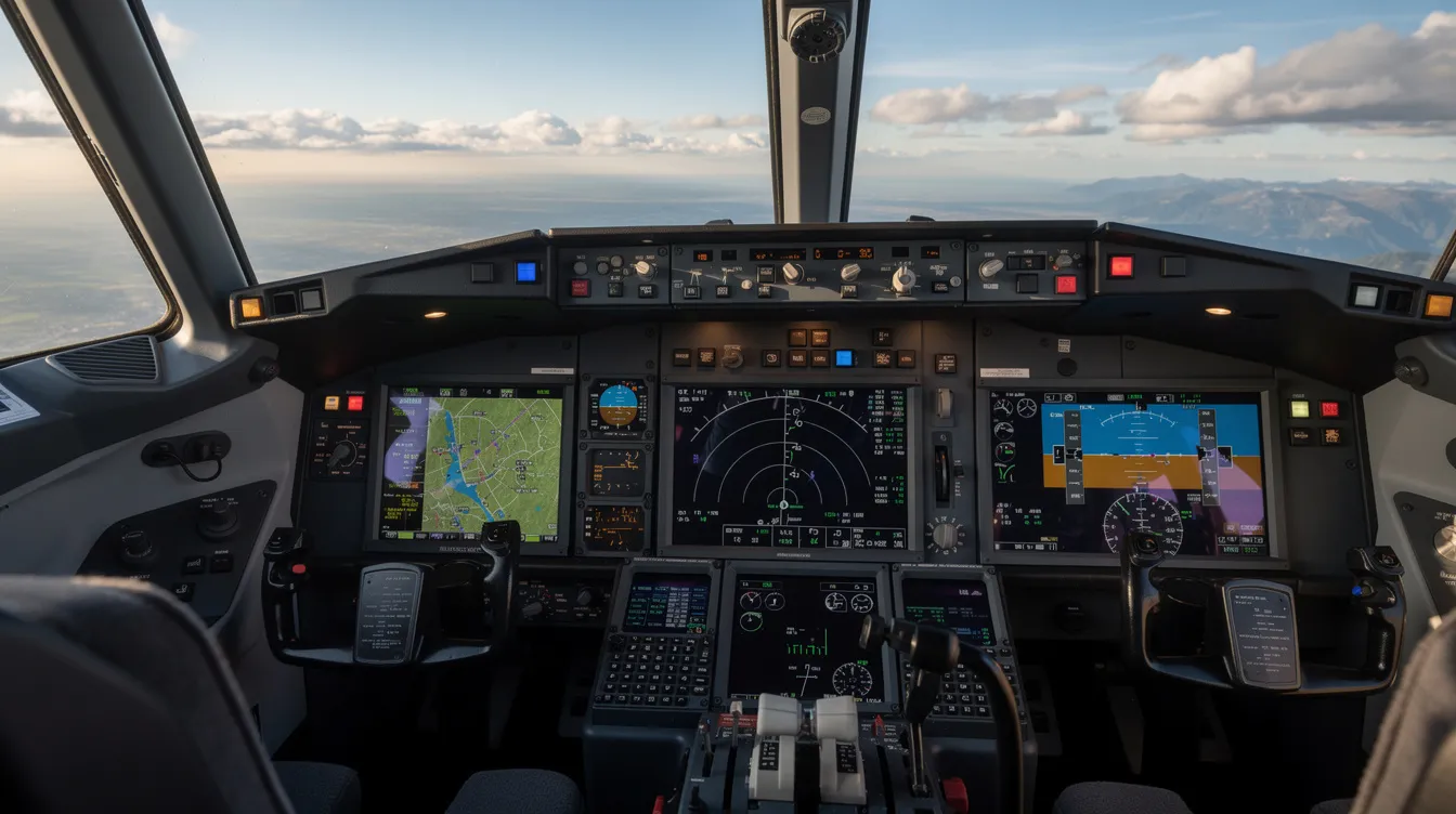 The image shows a close-up view of a modern glass cockpit in flight, featuring advanced avionics and a clear windscreen displaying the terrain and sky outside. This cockpit design enhances the flying experience for pilots, offering precise control and a more intuitive flying experience in personal aviation.