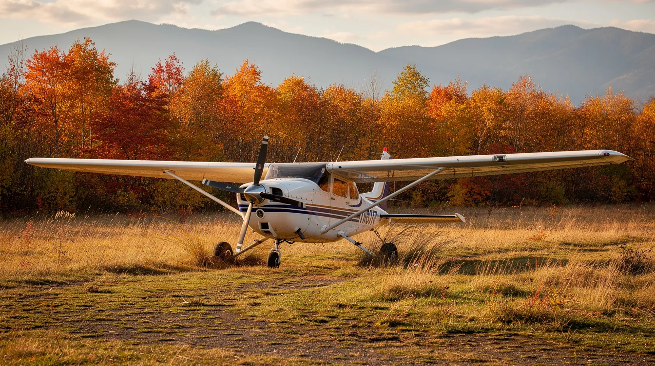 A single-engine piston aircraft is parked on a grassy airstrip, surrounded by vibrant autumn-colored trees and distant mountains. This scene captures the essence of personal aviation, highlighting the beauty of a light aircraft in a serene natural setting.