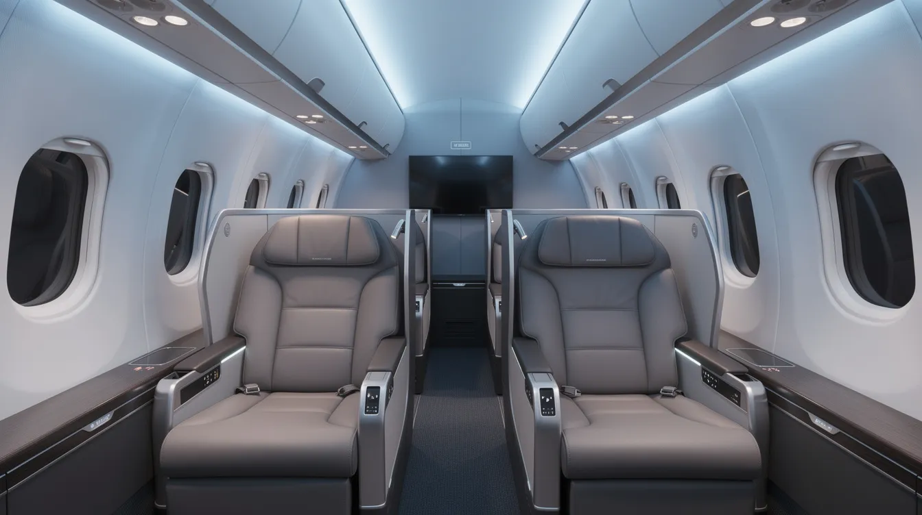 The image depicts a premium airline business class cabin inside a Boeing 747-8, featuring wide seats arranged in a comfortable 2-2 configuration, soft blue mood lighting, and elegantly curved overhead bins, enhancing the overall passenger experience on long haul routes.