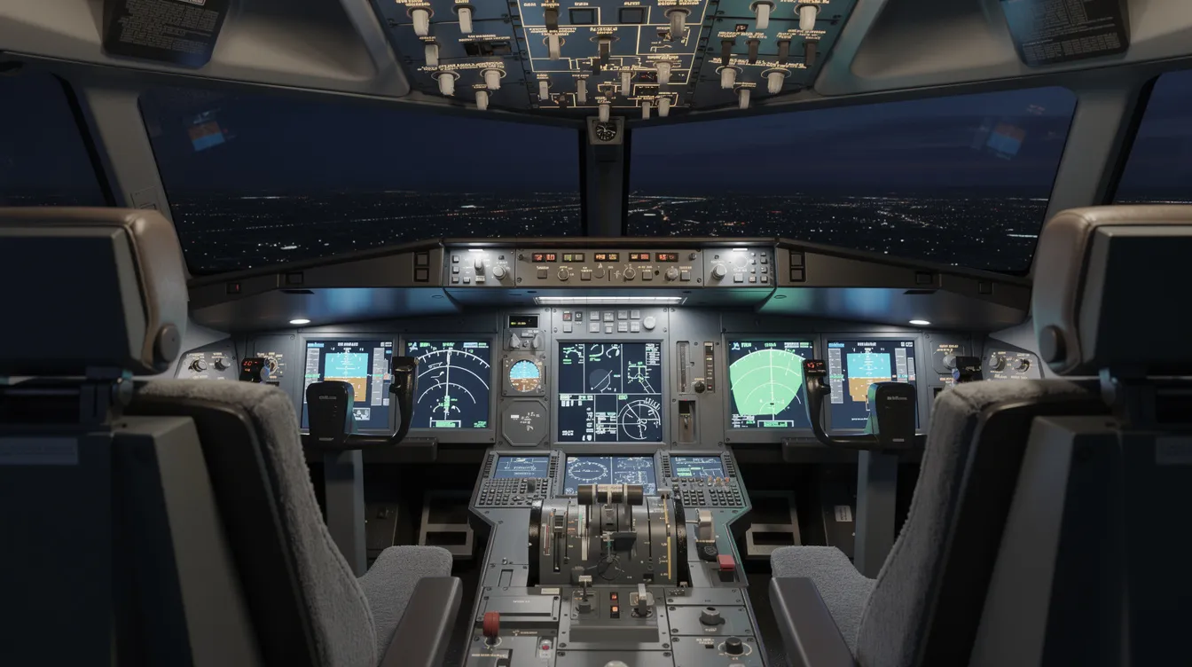 The image depicts a modern glass cockpit interior of a Boeing 747 8, featuring glowing LCD screens, a throttle quadrant, and overhead panel switches, designed for optimal pilot control during long haul routes. The advanced technology connection enhances the flight experience, showcasing the innovative design changes in commercial aircraft.