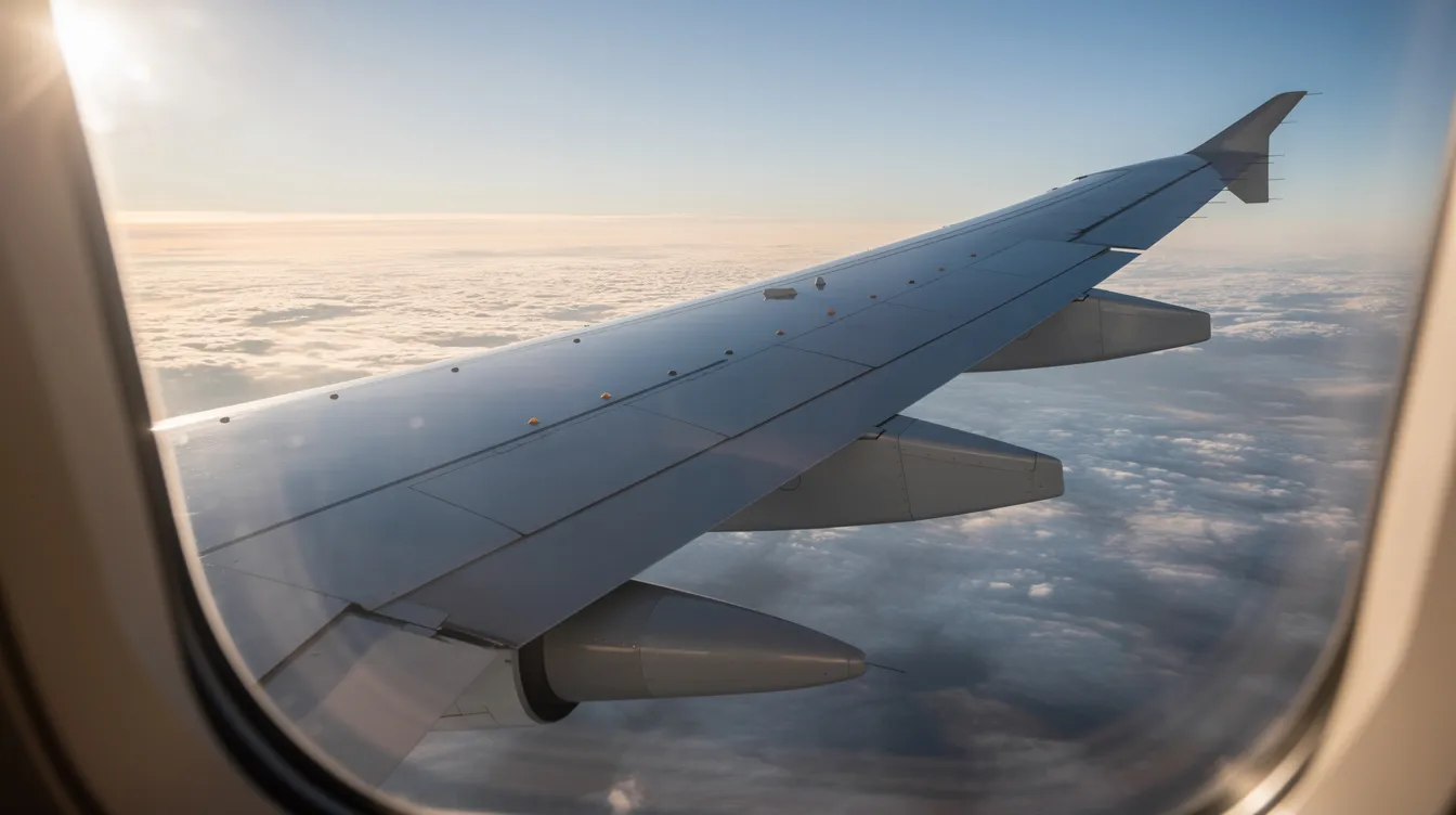 The image captures a view from an airplane window, showcasing a large swept wing of a Boeing 747-8 with its engine nacelle prominently visible above a thick blanket of clouds, while sunlight glistens off the wing's surface. This perspective highlights the aircraft's impressive wing design and fuel-efficient features during flight.