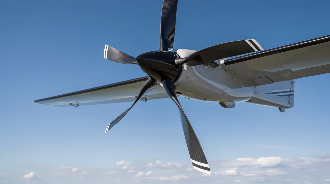 The image features modern composite aircraft propeller blades with swept scimitar tips, set against a clear blue sky, showcasing their sleek design that enhances efficiency during flight. These constant speed propellers are crucial for various types of aircraft, including commercial and ultralight planes, as they help produce optimal thrust and performance.