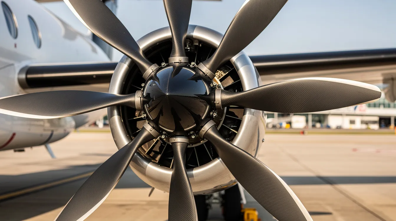 A close-up view of a five-blade composite propeller on a turboprop aircraft reveals the intricate design of aircraft propellers, showcasing the blades that are essential for producing thrust and controlling flight. The propeller, typically featuring a constant speed mechanism, is parked on a tarmac, ready for efficient operation during takeoff and landing.