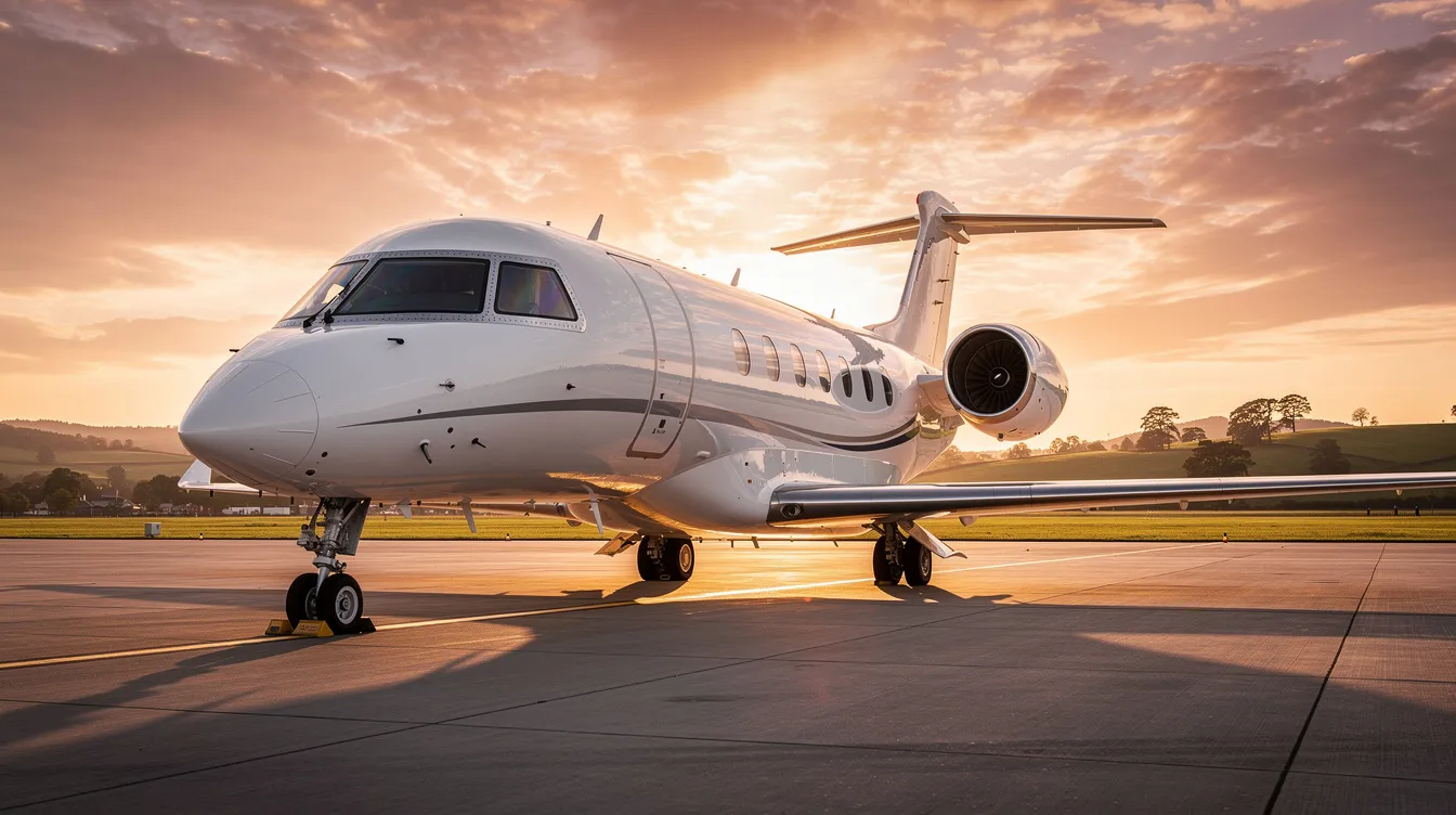 A sleek modern private jet is parked on a tarmac at sunset, with a vibrant green landscape in the background. The scene captures the essence of aviation luxury, highlighting the jet's streamlined design against the colorful sky.