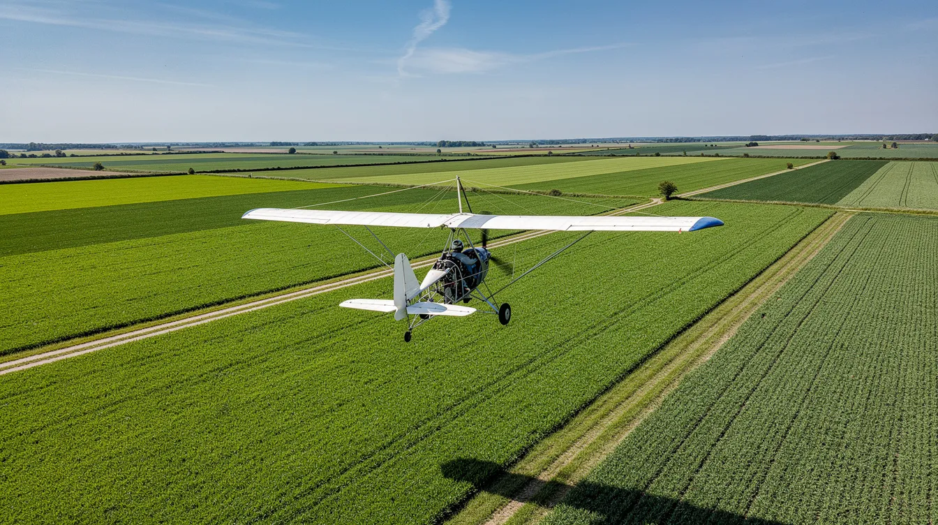 A small ultralight aircraft flies low over lush green farmland on a clear day, showcasing the beauty of microlight aviation and the freedom of flight. The single-seat plane glides effortlessly, highlighting the simplicity and efficiency of ultralight aviation.