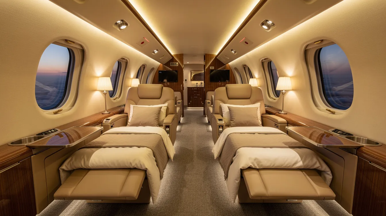 The image depicts the luxurious interior of a large cabin private jet, featuring lie-flat seats arranged for passenger comfort and illuminated by warm lighting, creating an inviting atmosphere for travelers. This setting exemplifies the elegance of private aviation, offering a serene alternative to commercial flights.