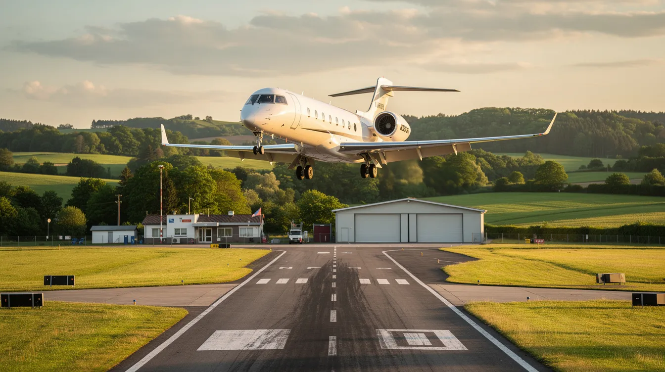 A private jet is landing at a small regional airport, surrounded by lush green landscapes. This scene captures the essence of private aviation, showcasing the convenience of flying private to smaller airports, allowing for quicker access to final destinations.