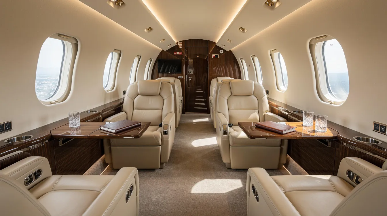 The image depicts the interior of a luxurious private jet cabin featuring cream leather club seats with ample space and polished wood accents, ideal for first class passengers seeking comfort during international flights. This elegant setting offers a premium experience reminiscent of American Airlines' flagship first class, with a focus on spaciousness and style.