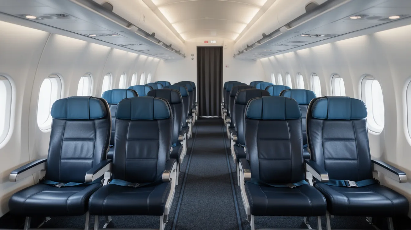 The image depicts a narrowbody aircraft cabin featuring a two-by-two seating configuration with dark blue leather first class seats, designed for comfort on international flights. This layout provides first class passengers with direct aisle access, enhancing their travel experience on American Airlines flights.