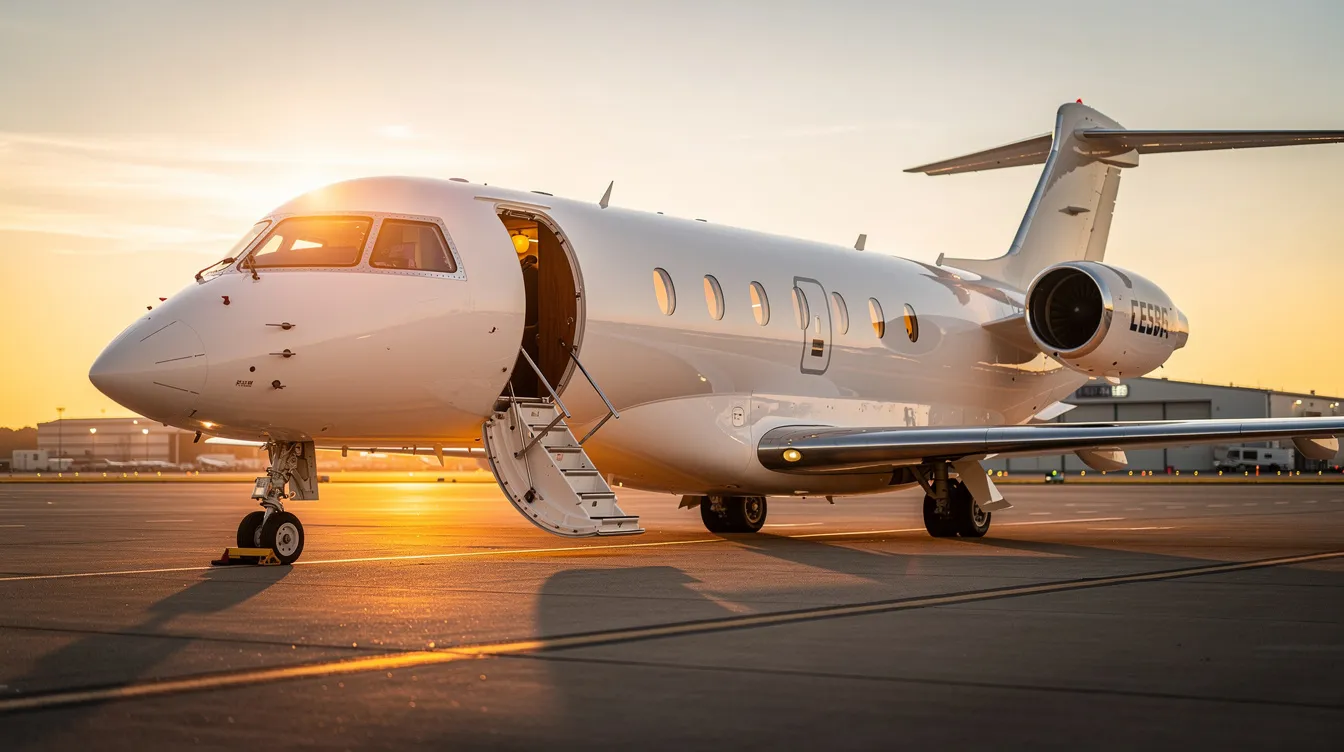 A private jet is parked on the tarmac during the golden hour, with its stairs extended and warm cabin lights glowing, creating a welcoming atmosphere for first class passengers ready for their international flights. The scene captures the luxury and exclusivity of premium cabins, reminiscent of the comfort found in American Airlines first class.