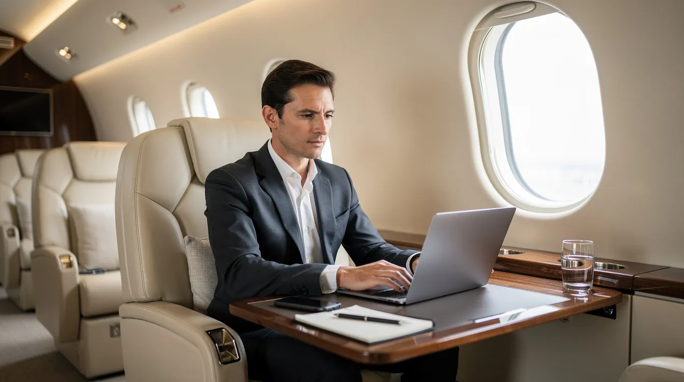 A business executive is focused on their laptop inside a bright and spacious private jet cabin, featuring large windows that allow natural light to fill the area. This luxurious setting offers more space and comfort, reminiscent of premium cabins found on American Airlines first class flights.
