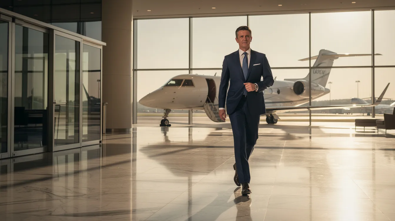 A business executive in a tailored suit strides confidently across a private aviation terminal, heading towards a sleek black jet, embodying the luxury and style associated with charter flights. The scene captures the essence of success and comfort in the world of private aviation travel.
