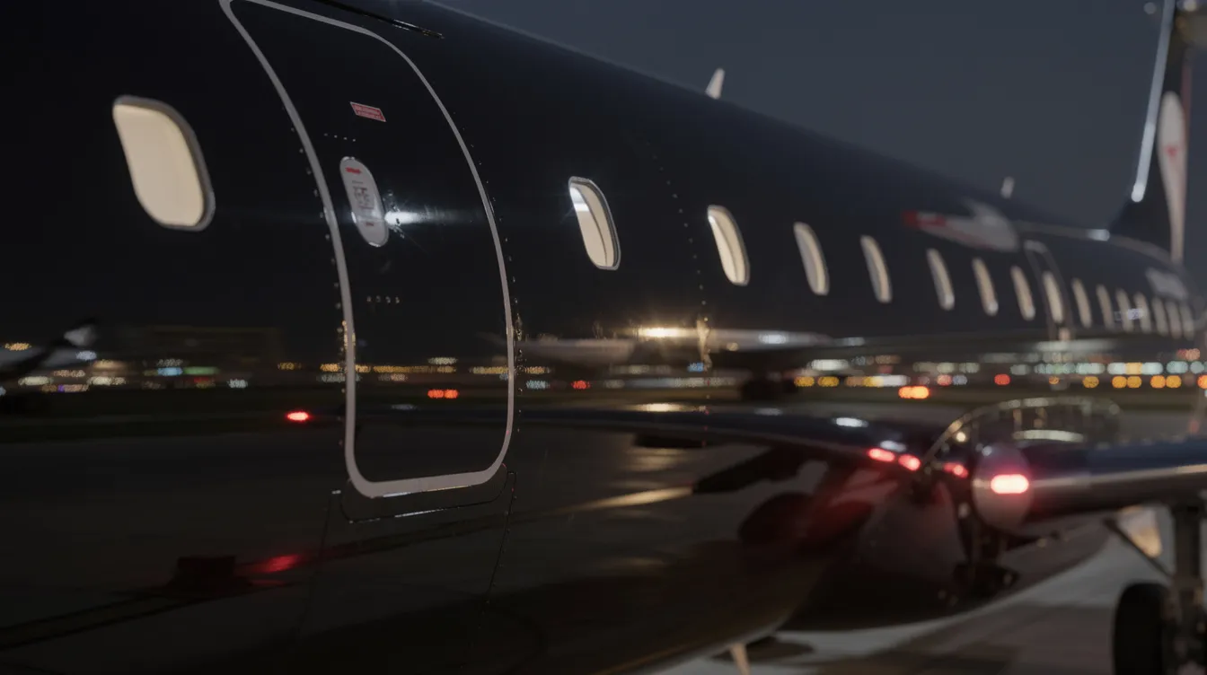 A close-up photograph showcases the glossy black fuselage of a light jet, reflecting the vibrant runway lights at night, embodying the luxury and style of private aviation. This image captures the essence of high-performance travel, highlighting the sophistication and comfort associated with charter flights.