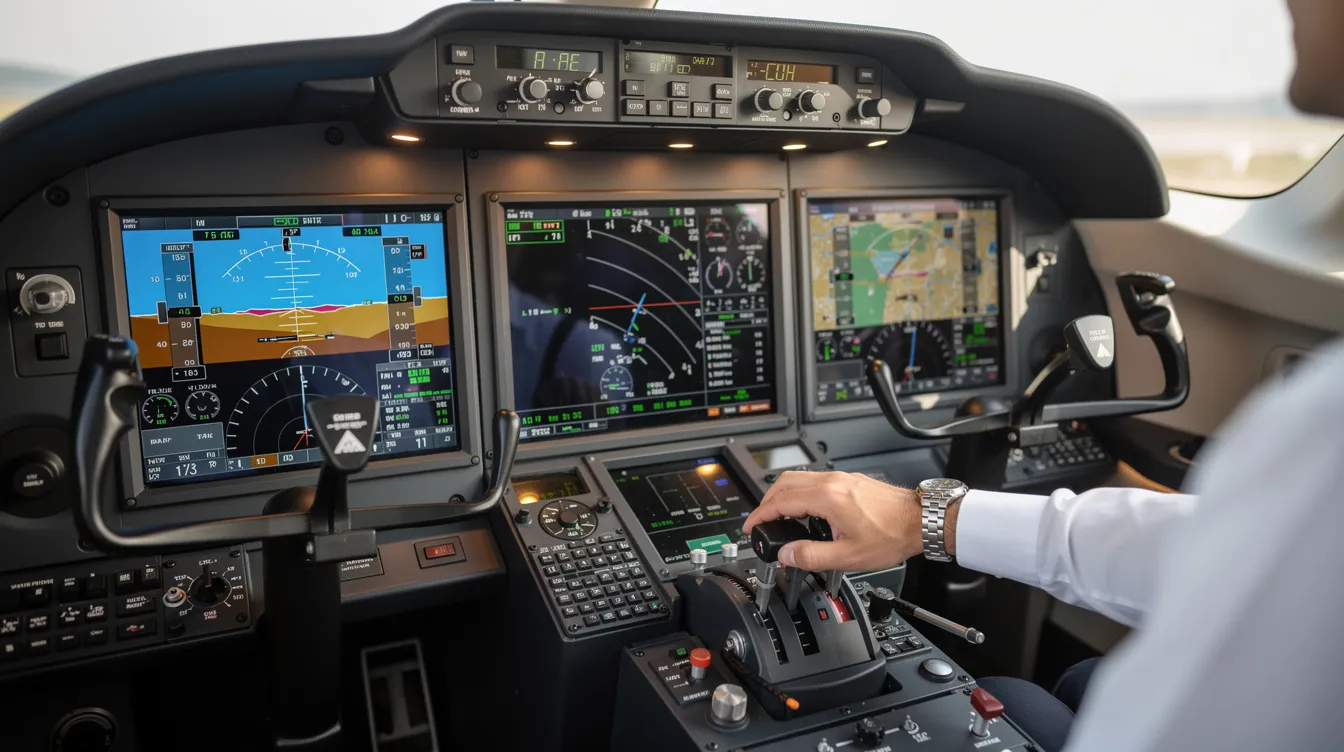 The image depicts a modern glass cockpit of a private jet, showcasing advanced digital flight instruments and navigation displays, with a pilot's hand actively engaged on the controls. This high-tech environment highlights the intersection of technology and flying, essential for navigating the sky safely.