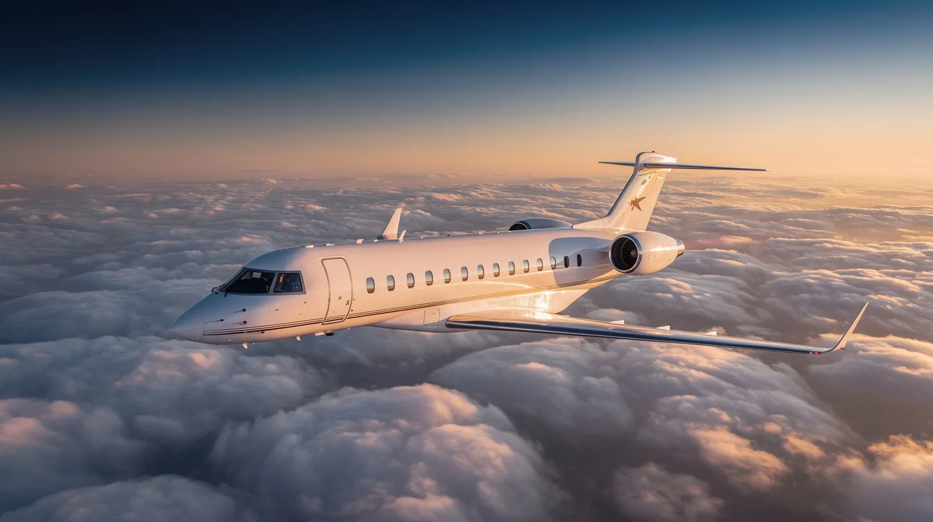 A sleek white private jet is flying high above a layer of fluffy clouds, with golden sunlight reflecting off its fuselage, creating a striking contrast against the blue sky. This aircraft represents luxury flight, soaring effortlessly through the morning air.